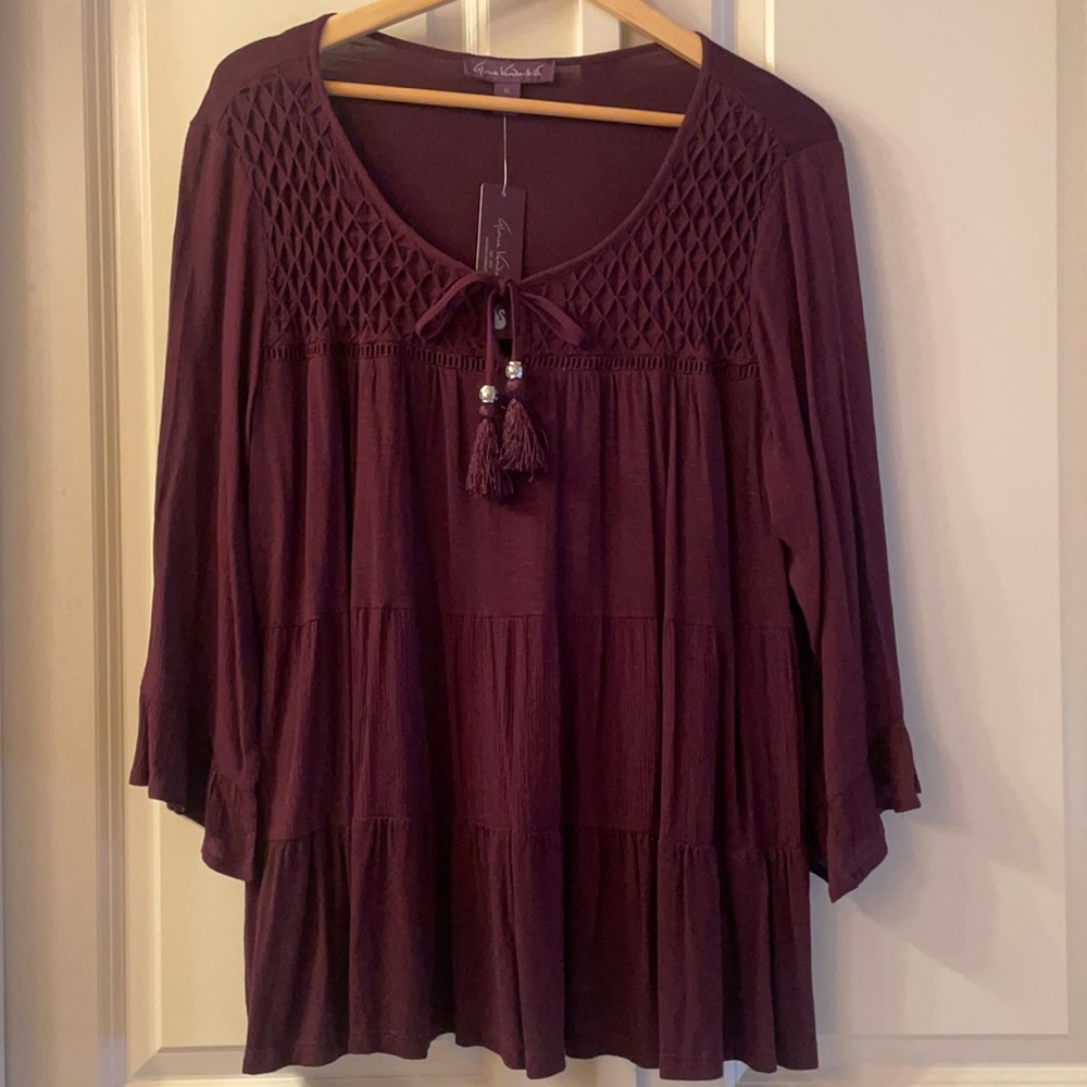 NWT-Maroon Ruffled Long Sleeve Blouse-Size XL